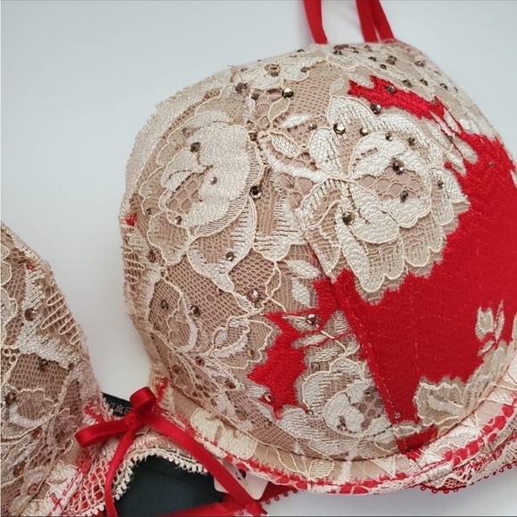 Embellished bra red and cream with lace and Swarovski size 34DD - Picture 3 of 3